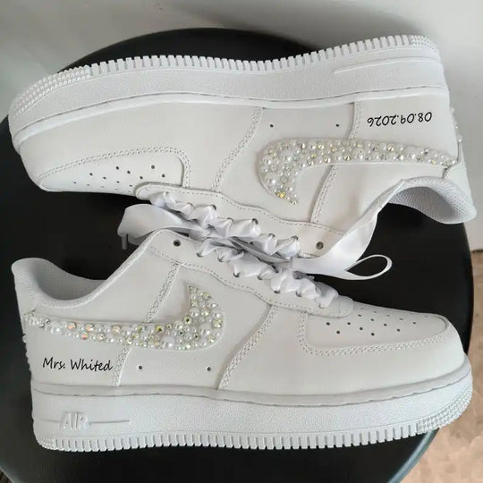 Personalized Pearl & Iridescent Rhinestone Decorated White Bridal Custom Air Force 1, Custom Sneakers With Customizable Name Wedding Date Satin Ribbon Laces For Bride