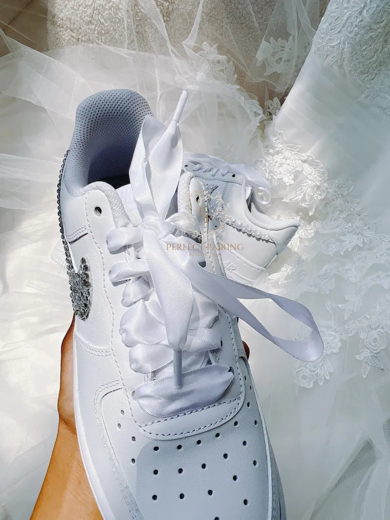Personalized Bling Rhinestone Bridal Custom Air Force 1, White Wedding Sparkly Crystal Decor Custom Sneakers, Customizable Name Date Satin Laces Comfortable Bridal Wedding Shoes