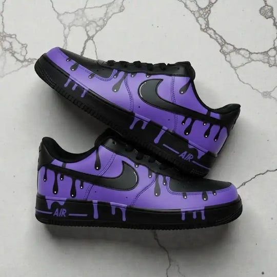 Handcrafted Black Purple Drip Effect Unisex Street Style Custom Air Force 1, Unique Personalized Trendy Custom Sneakers