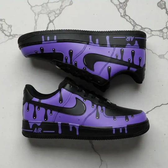 Handcrafted Black Purple Drip Effect Unisex Street Style Custom Air Force 1, Unique Personalized Trendy Custom Sneakers