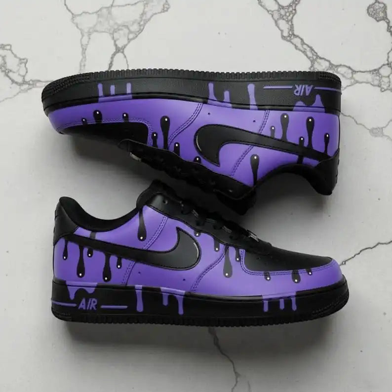 Handcrafted Black Purple Drip Effect Unisex Street Style Custom Air Force 1, Unique Personalized Trendy Custom Sneakers