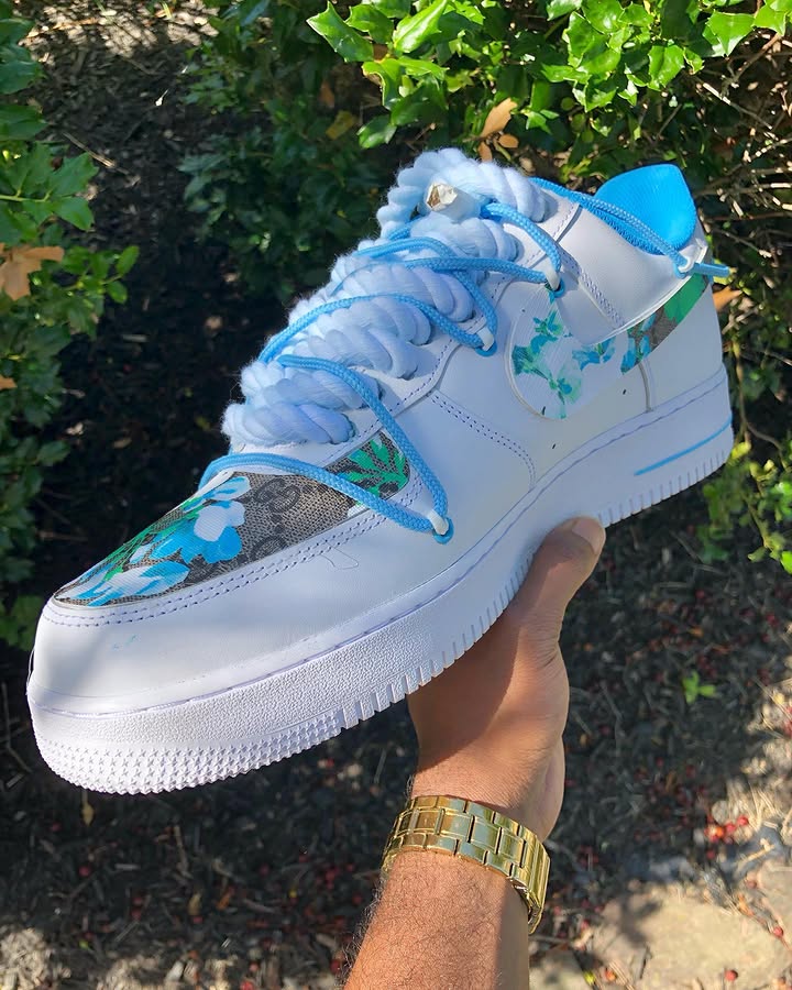 Custom Hand Painted Blue Floral Air Force 1 Sneakers