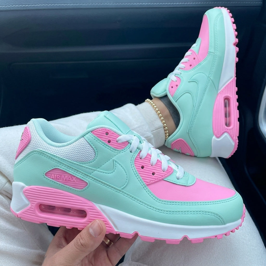 Custom Nike Air Max 90 Pink Mint Green sneakers, handcrafted personalized shoes