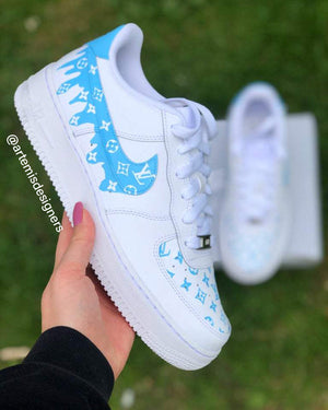 Custom Air Force 1 Blue LV Logo Swoosh Drip