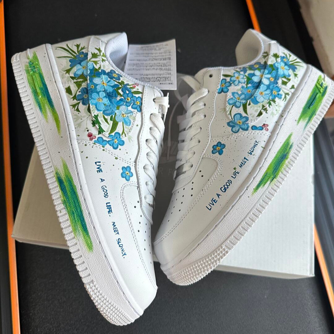 Custom Air Force 1 Blue Flowers Green Leaves