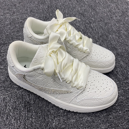 Custom Air Jordan 1 White With LV Pattern And Rhinestones