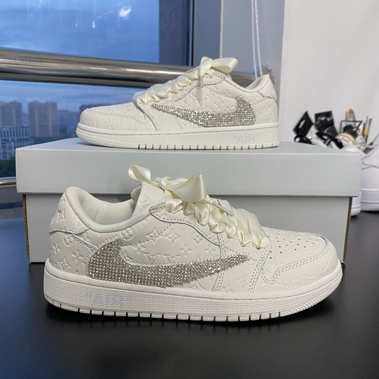 Custom Air Jordan 1 White With LV Pattern And Rhinestones