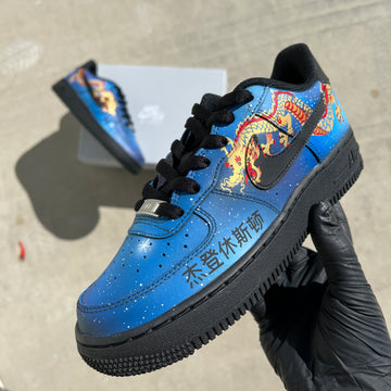 Custom Air Force 1 Blue Red Gold Dragon Hand Drawn