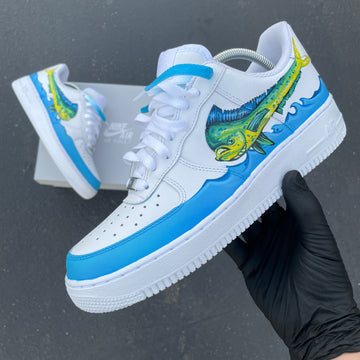 Custom Air Force 1 Green Fish And Blue Sea Hand drawn 