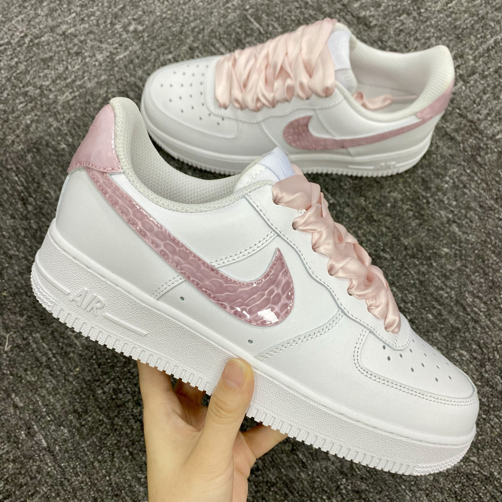 Custom Air Force 1 White And Baby Pink Cat's Eye Snake Print