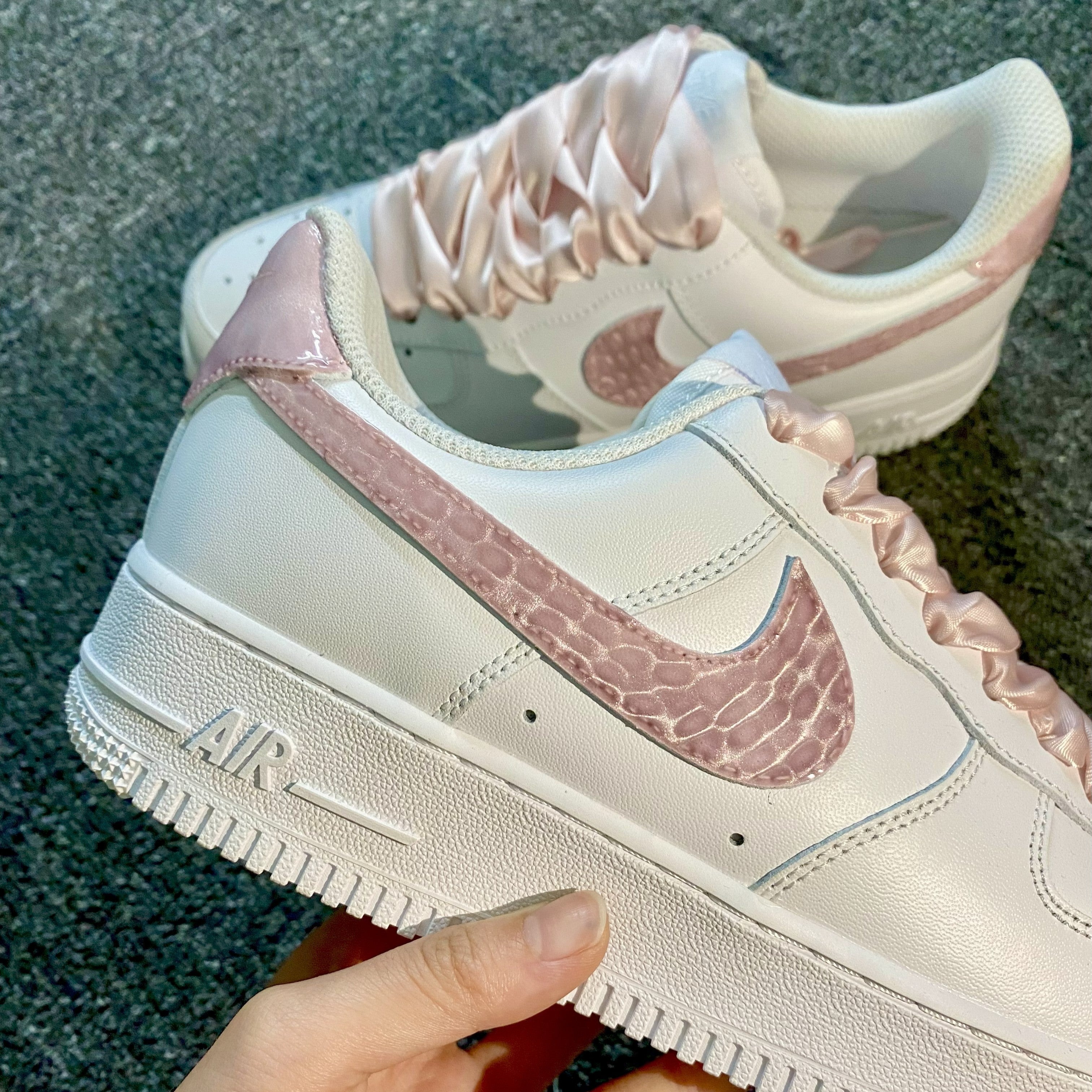 Custom Air Force 1 White And Baby Pink Cat's Eye Snake Print