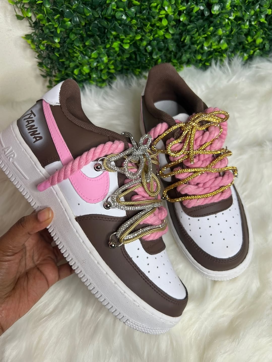 Hand Painted Custom Pink Brown Air Force 1 Bling Sneakers