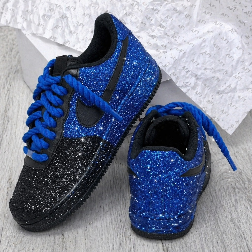 Hand Painted Blue & Black Glitter Custom Air Force 1 Sneakers
