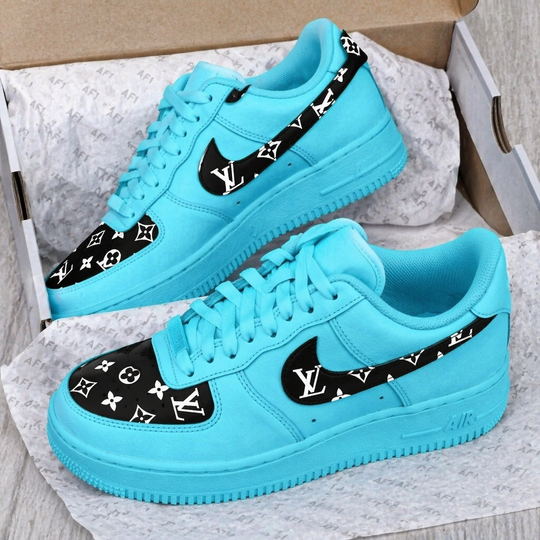 Custom Hand Painted Cyan Black Air Force 1 Sneakers