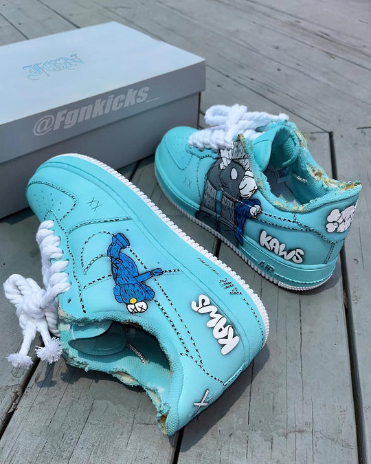 Hand Painted KAWS Turquoise Custom Air Force 1 Sneakers