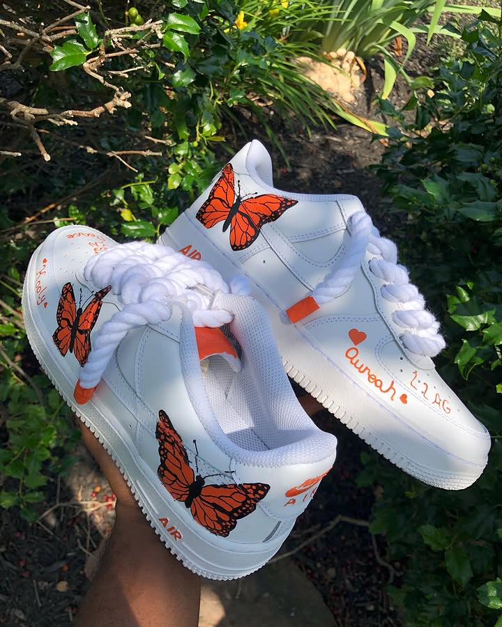 Custom Hand Painted Orange Butterfly Air Force 1 Sneakers
