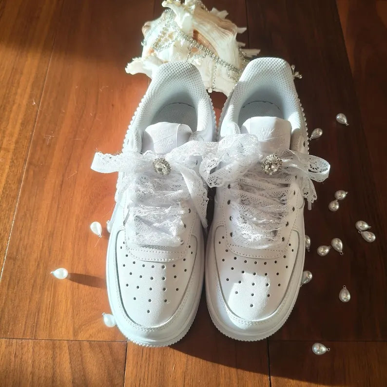 Personalized Name & Date White Pearl Embellished Lace Bow Bridal Wedding Custom Air Force 1 Comfortable Custom Sneakers