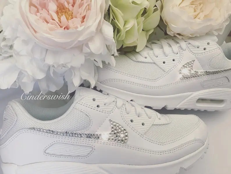 Custom Air Force 1 Custom Sneakers, Handmade White Bling Rhinestone Crystal Embellished Swoosh Bridal Wedding Comfortable Fashion Casual Women's Shoes