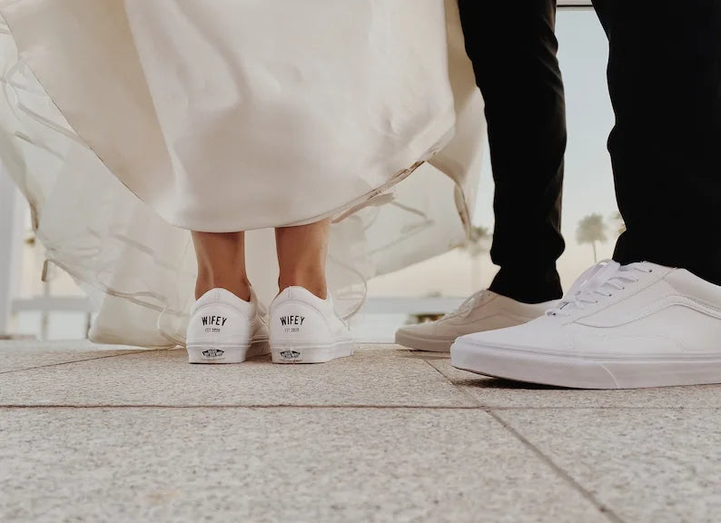 Personalized Custom Name & Date Wedding Couple Custom Air Force 1, Wifey Hubby Bride Groom Custom Sneakers, Comfortable Wedding Casual Shoes with Optional Pearl Lace Decoration