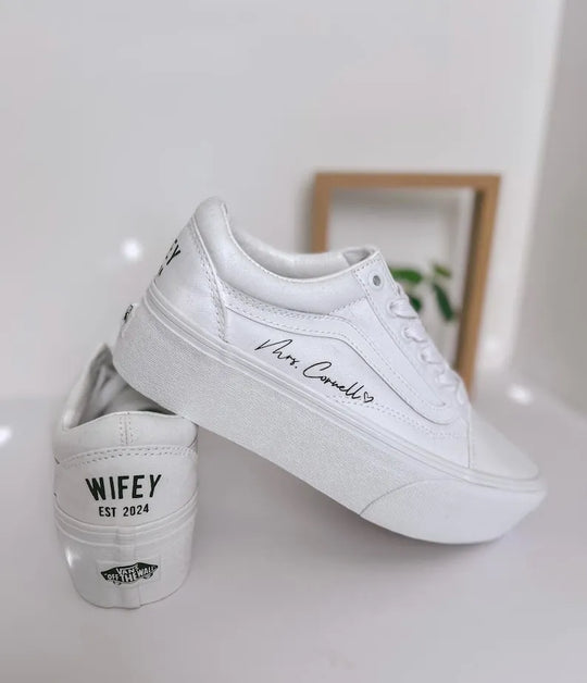 Personalized Custom Name & Date Wedding Couple Custom Air Force 1, Wifey Hubby Bride Groom Custom Sneakers, Comfortable Wedding Casual Shoes with Optional Pearl Lace Decoration