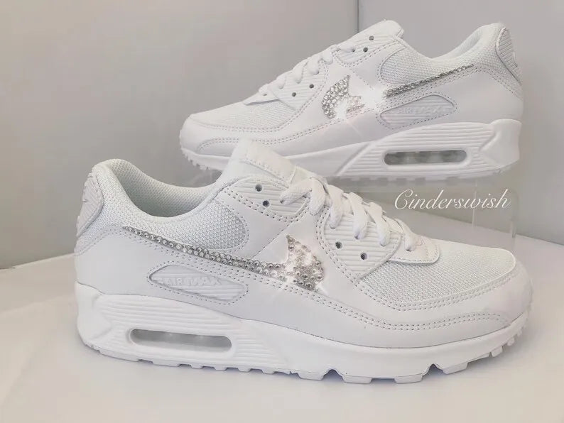 Custom Air Force 1 Custom Sneakers, Handmade White Bling Rhinestone Crystal Embellished Swoosh Bridal Wedding Comfortable Fashion Casual Women's Shoes