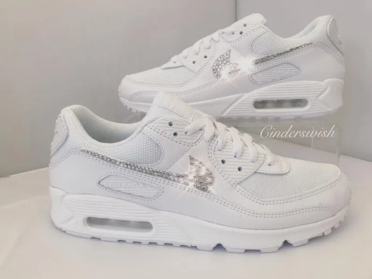 Custom Air Force 1 Custom Sneakers, Handmade White Bling Rhinestone Crystal Embellished Swoosh Bridal Wedding Comfortable Fashion Casual Women's Shoes