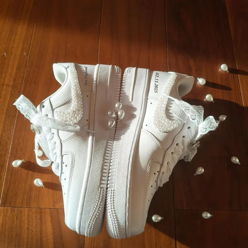 Personalized Name & Date White Pearl Embellished Lace Bow Bridal Wedding Custom Air Force 1 Comfortable Custom Sneakers