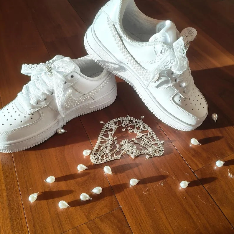 Personalized Name & Date White Pearl Embellished Lace Bow Bridal Wedding Custom Air Force 1 Comfortable Custom Sneakers