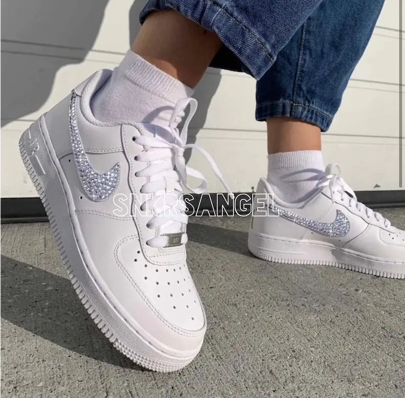 # Product Title
Handmade Bling Crystal Rhinestone Decor Swoosh White Custom Air Force 1, Sparkly Diamond Casual Wedding Gift Women Custom Sneakers