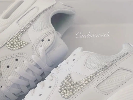 Custom Air Force 1 Custom Sneakers, Handmade White Bling Rhinestone Crystal Embellished Swoosh Bridal Wedding Comfortable Fashion Casual Women's Shoes