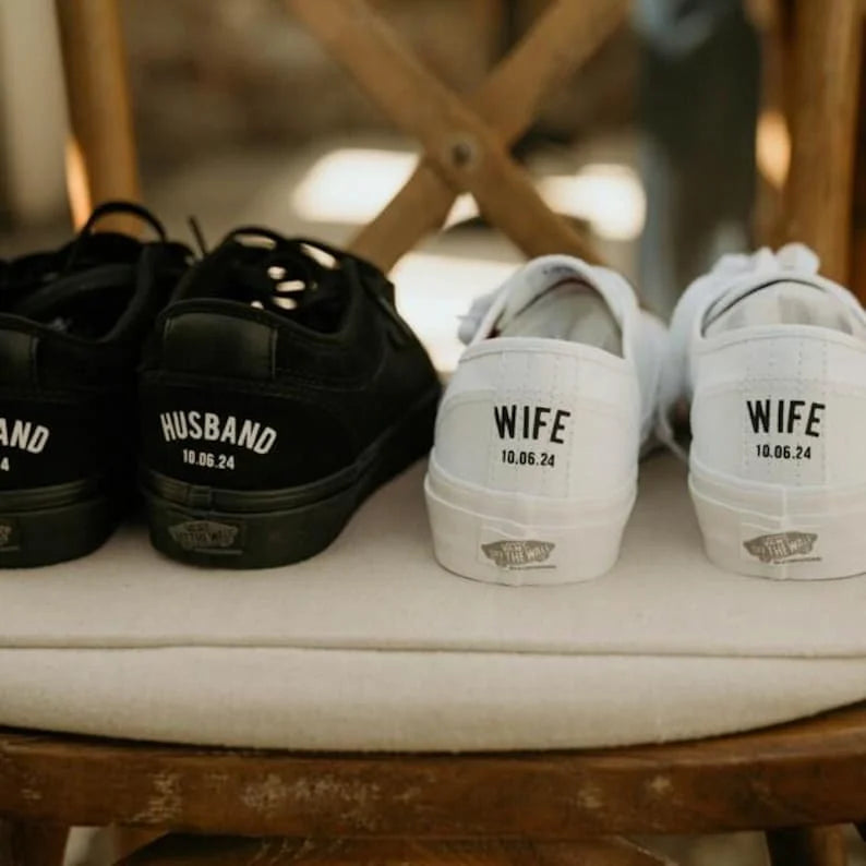 Personalized Custom Name & Date Wedding Couple Custom Air Force 1, Wifey Hubby Bride Groom Custom Sneakers, Comfortable Wedding Casual Shoes with Optional Pearl Lace Decoration