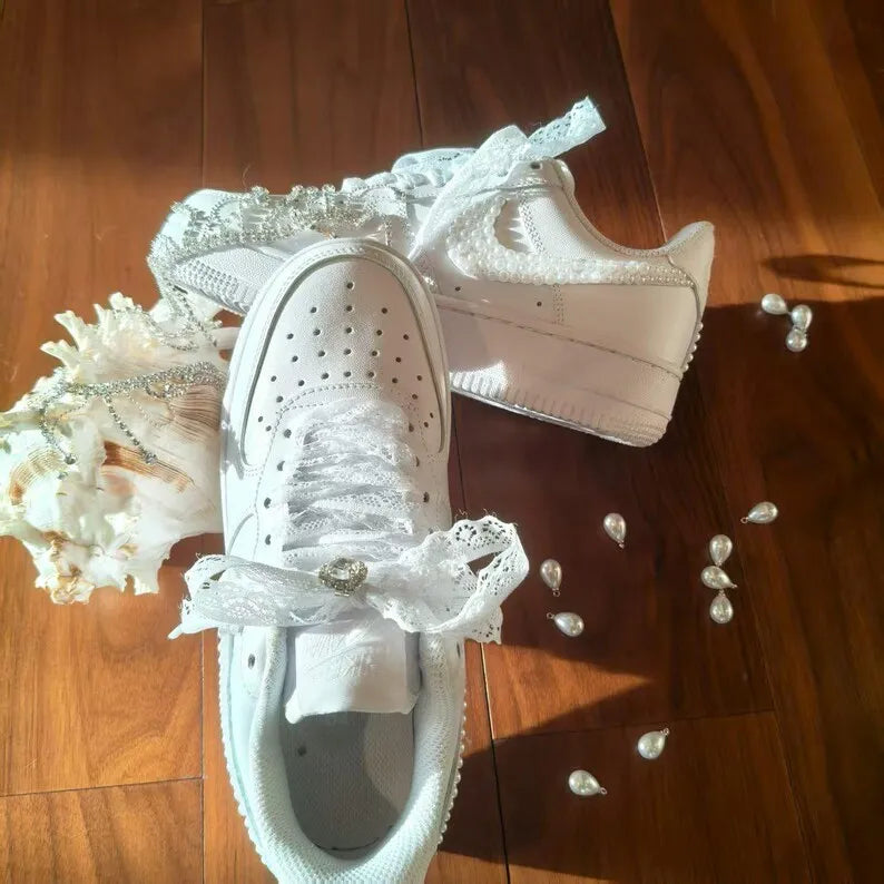 Personalized Name & Date White Pearl Embellished Lace Bow Bridal Wedding Custom Air Force 1 Comfortable Custom Sneakers