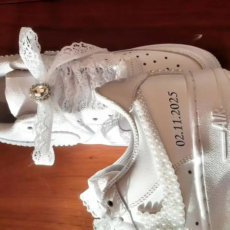 Personalized Name & Date White Pearl Embellished Lace Bow Bridal Wedding Custom Air Force 1 Comfortable Custom Sneakers