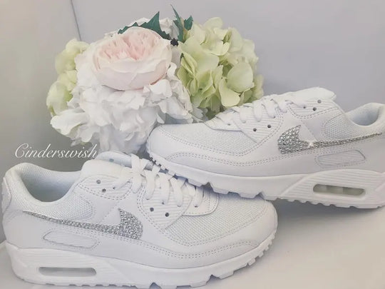 Custom Air Force 1 Custom Sneakers, Handmade White Bling Rhinestone Crystal Embellished Swoosh Bridal Wedding Comfortable Fashion Casual Women's Shoes