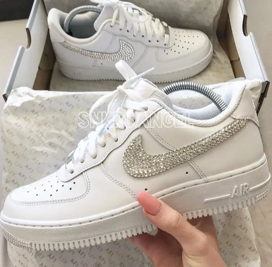 # Product Title
Handmade Bling Crystal Rhinestone Decor Swoosh White Custom Air Force 1, Sparkly Diamond Casual Wedding Gift Women Custom Sneakers