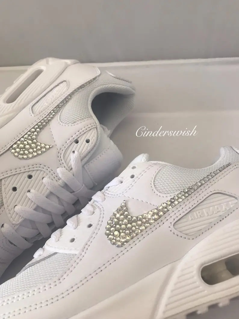 Custom Air Force 1 Custom Sneakers, Handmade White Bling Rhinestone Crystal Embellished Swoosh Bridal Wedding Comfortable Fashion Casual Women's Shoes