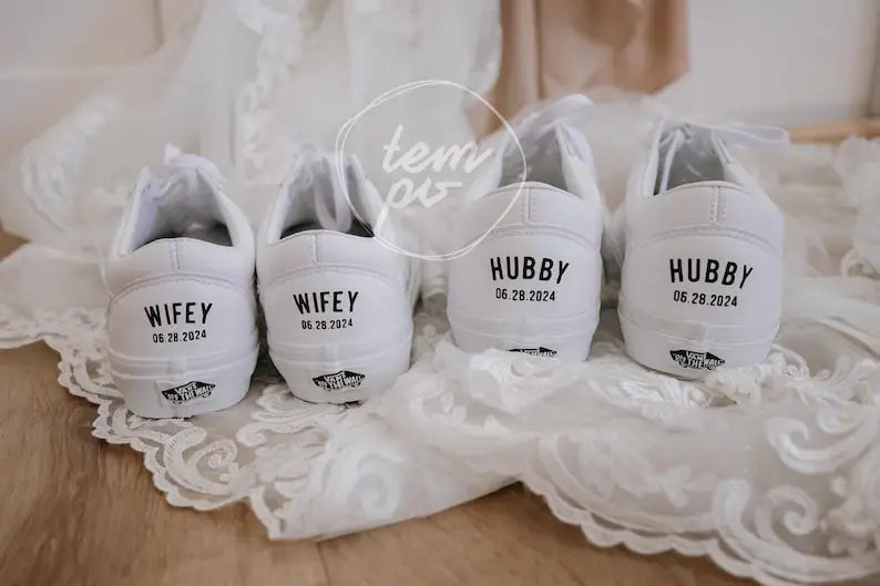 Personalized Custom Name & Date Wedding Couple Custom Air Force 1, Wifey Hubby Bride Groom Custom Sneakers, Comfortable Wedding Casual Shoes with Optional Pearl Lace Decoration