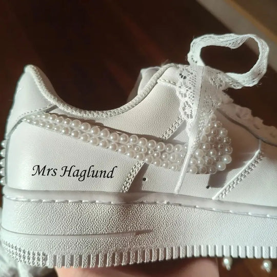 Personalized Name & Date White Pearl Embellished Lace Bow Bridal Wedding Custom Air Force 1 Comfortable Custom Sneakers