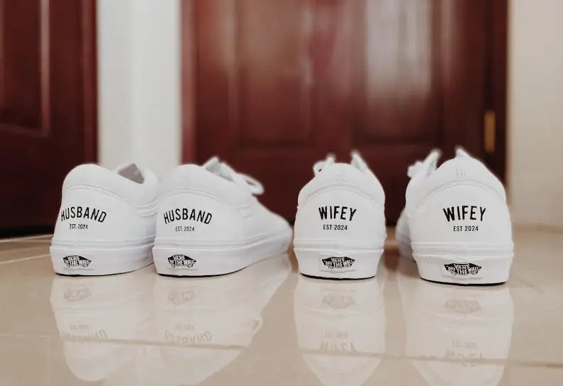 Personalized Custom Name & Date Wedding Couple Custom Air Force 1, Wifey Hubby Bride Groom Custom Sneakers, Comfortable Wedding Casual Shoes with Optional Pearl Lace Decoration