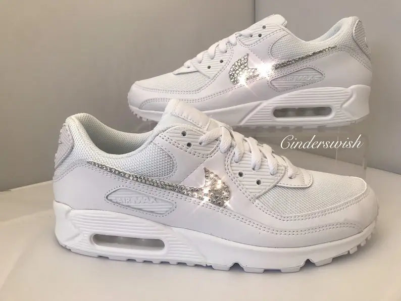 Custom Air Force 1 Custom Sneakers, Handmade White Bling Rhinestone Crystal Embellished Swoosh Bridal Wedding Comfortable Fashion Casual Women's Shoes