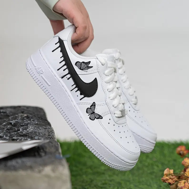 Hand Painted Black Grey Butterfly Dripping Swoosh Custom Air Force 1, Aesthetic Unisex White Custom Sneakers for Casual Daily Wear