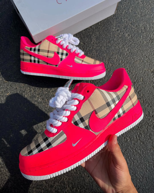Hot Pink Plaid Hand Painted Custom Air Force 1 Sneakers