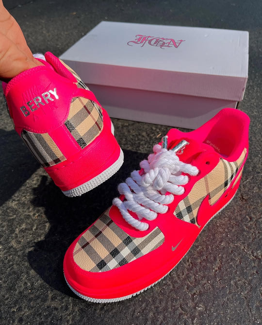 Hot Pink Plaid Hand Painted Custom Air Force 1 Sneakers