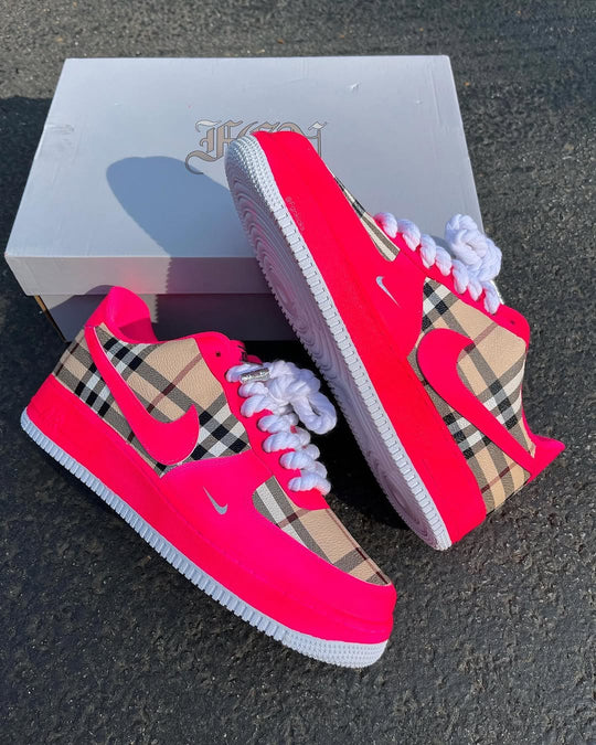Hot Pink Plaid Hand Painted Custom Air Force 1 Sneakers