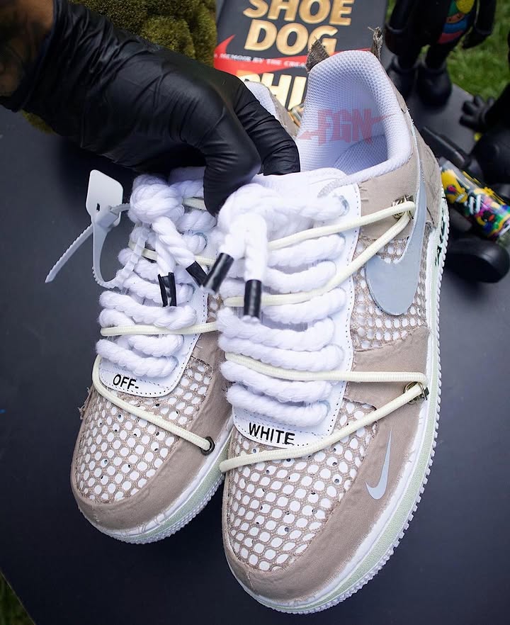 Hand Painted Custom Air Force 1 Beige Mesh Sneakers