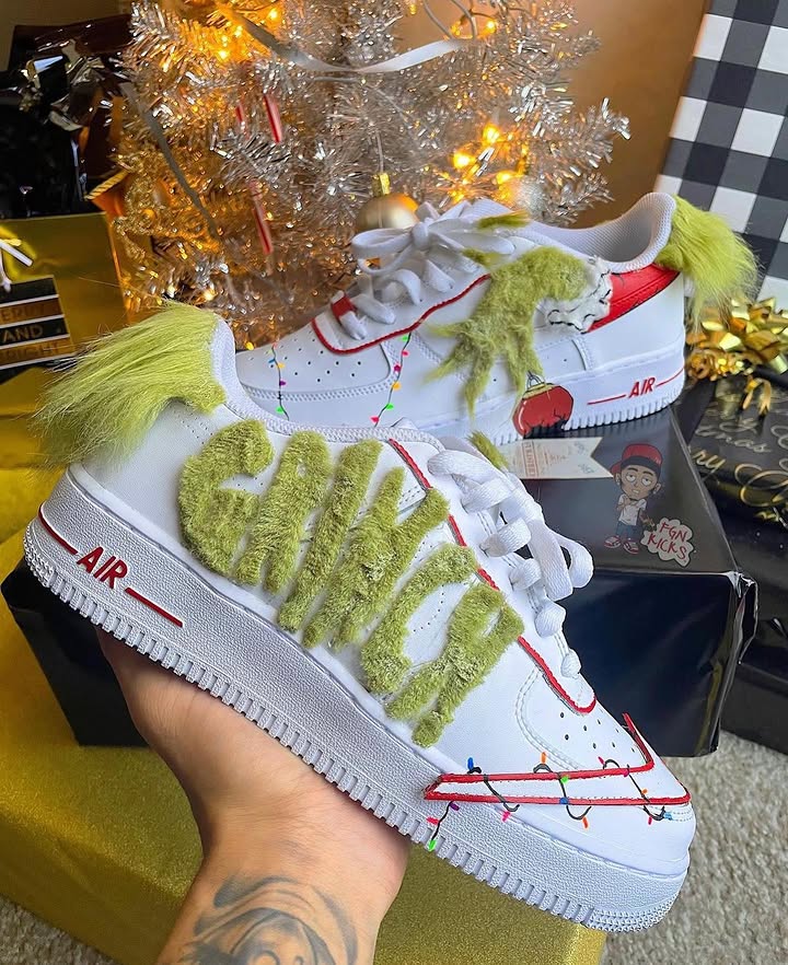 Hand Painted Grinch Themed Custom Air Force 1 Sneakers