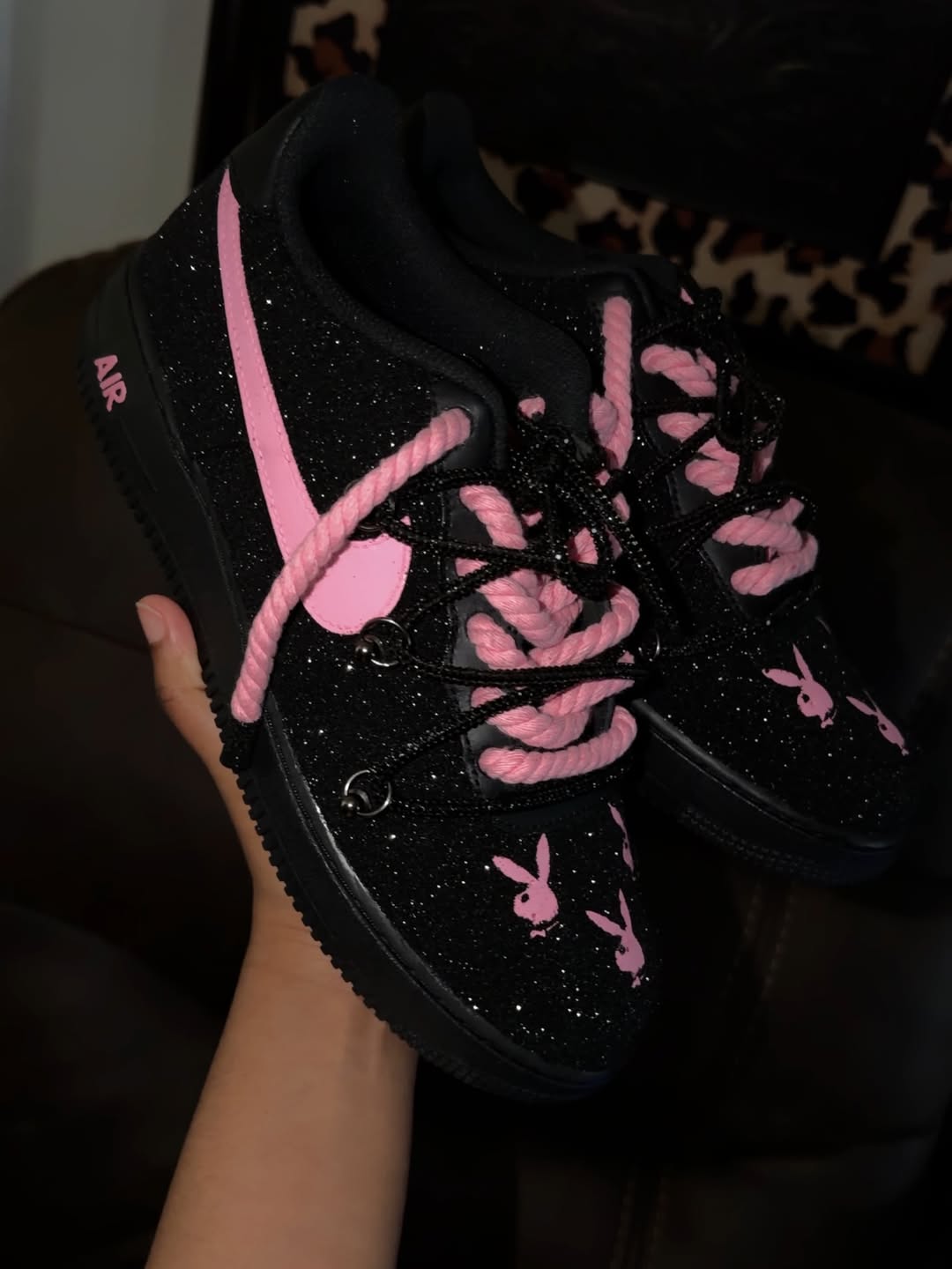 Hand Painted Pink Black Custom Air Force 1 Sneakers
Glitter Pink Bunny Hand Painted Custom Air Force 1 Sneakers