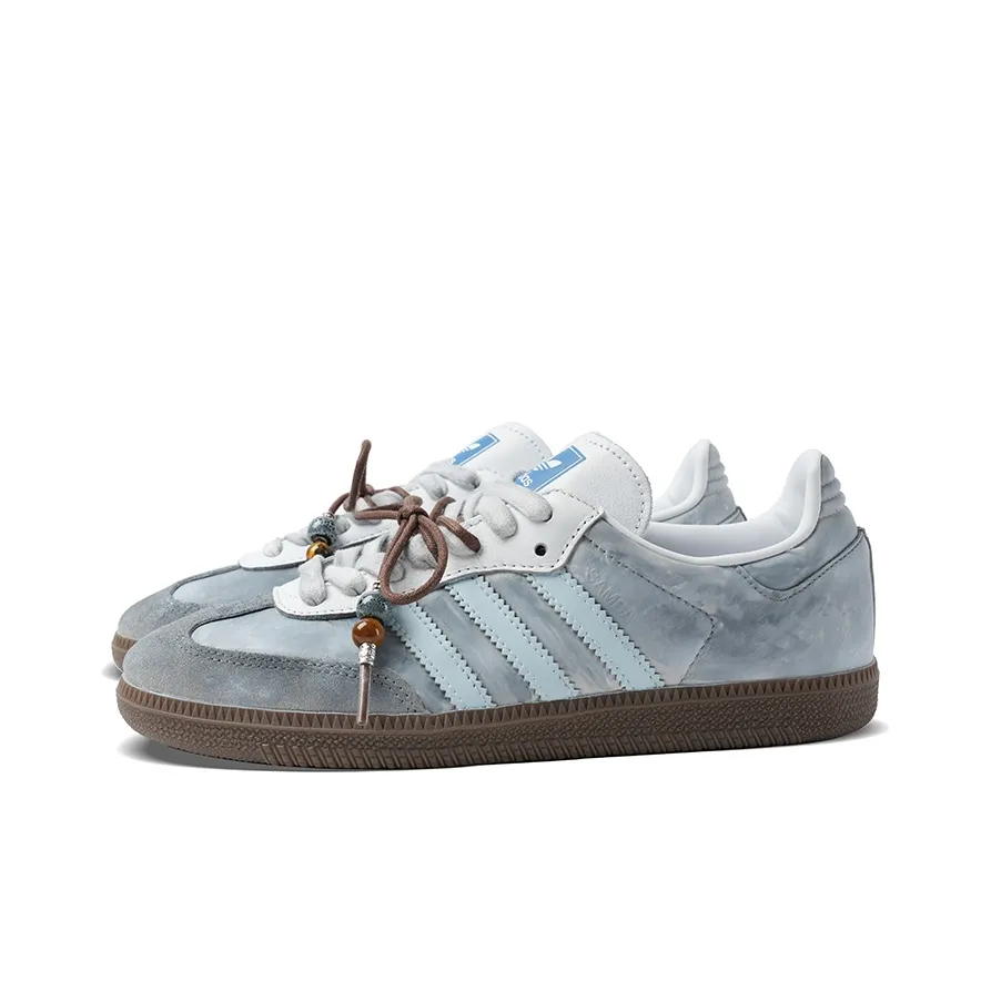 Adidas Samba - Custom GAT Shoes Light Gray White And Brown With Beads