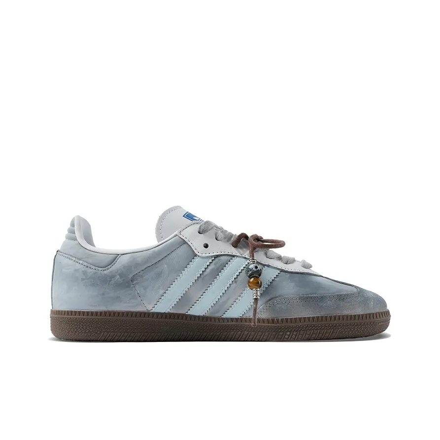 Adidas Samba - Custom GAT Shoes Light Gray White And Brown With Beads