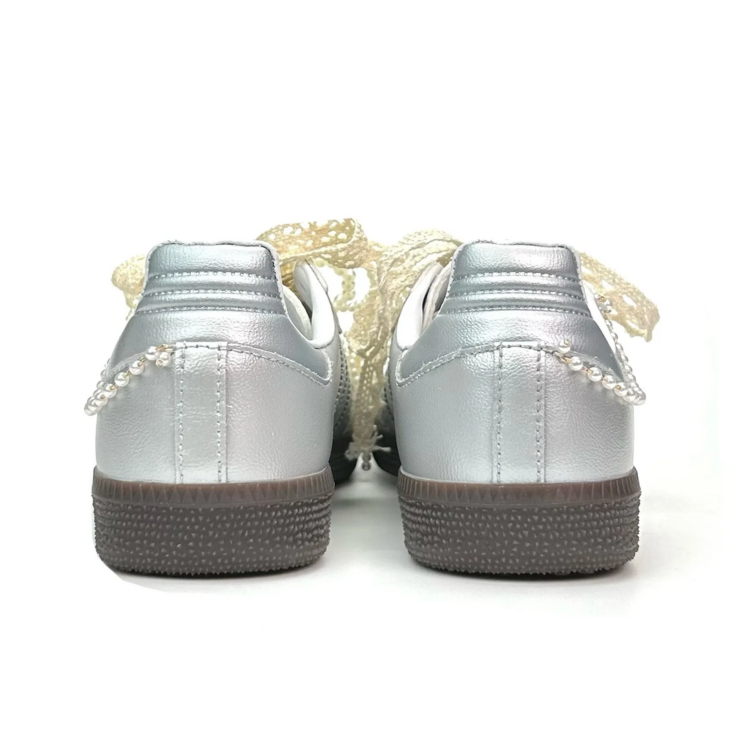 Adidas Samba - Custom GAT Shoes Silver Pearl Lace